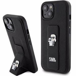 Karl Lagerfeld Gripstand Saffiano Karl&Choupette Pins dėklas telefonui iPhone 15 Plus / 14 Plus - juodas