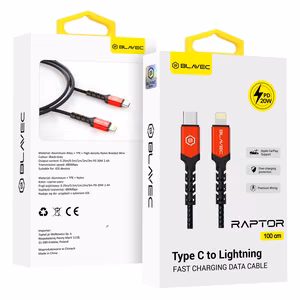 Blavec kabelis Raptor pintas - Type C į Lightning - PD 20W 2,4A 1 metras Apple CarPlay (CRA-CL24BR10) juodas ir raudonas