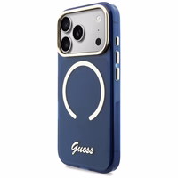 Guess IML Script Metal MagSafe Dėklas for iPhone 17 Pro - mėlynas