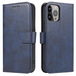 Piniginės tipo dėklas telefonui su stovu iPhone 15 Pro magnetinis dėklas - mėlynas