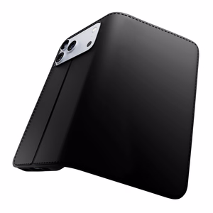 Puro dėklas telefonui su stovu iPhone 17 Pro Max pagamintas iš ekologiškos odos, su atvartu, pinigine ir stovo funkcija - juodas