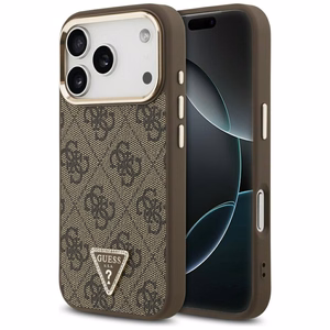 Guess PU Leather 4G Strass Triangle Logo Gold Frame MagSafe dėklas Apple iPhone 18 Pro, rudas