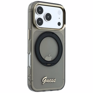 Guess IML Ring Stand 360 Script Metal Logo MagSafe dėklas, skirtas iPhone 17 Pro / 18 Pro – juodas