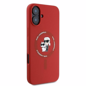 Karl Lagerfeld silikoninis Magnetinis dėklas telefonui iPhone 16 Plus su Karl & Choupette galvų žiedu - raudona