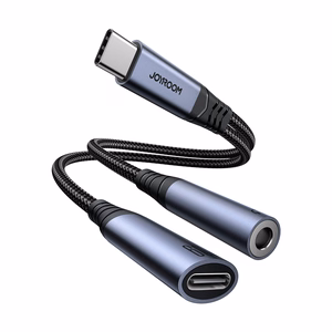2‑in‑1 garso adapteris Joyroom SY-C02 Type-C į 3.5mm + Type-C (juodas)