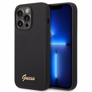 Guess GUHCP14XSLSMK iPhone 14 Pro Max 6.7" juodas kietasis dėklas silikoninis Vintage Gold Logo