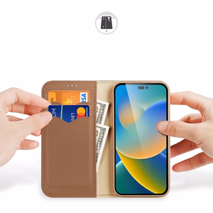 Dux Ducis Hivo odinis atverčiamas dėklas tikros odos piniginė kortelėms ir dokumentams iPhone 14 Pro Max ruda