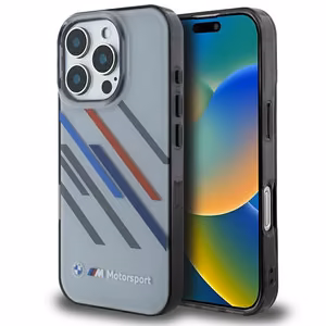 BMW Motosport IML atsitiktinės juostos iPhone 16 Pro dėklas - pilkas