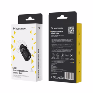 Wozinsky WF16-YCS 5000mAh 15W USB-C mini išorinė baterija su įmontuotu USB-C kabeliu ir Apple Watch įkrovikliu - juoda