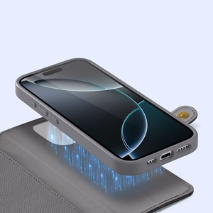 Dux Ducis Lawa odinis dėklas iPhone 16 Pro Max su nuimama magnetine pinigine - pilkas