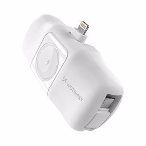 Wozinsky WF16-YLS 5000mAh 15W Lightning Mini Power Bank with Built-in USB-C Cable and Apple Watch Charger - White