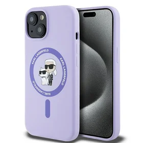 Karl Lagerfeld silikoninis Karl&Choupette galvų žiedas Magnetinis iPhone 15 dėklas - Violetinis