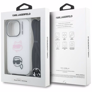 Karl Lagerfeld IML Crossbody Karl&Choupette Head Dėklas for iPhone 16 Pro - baltas