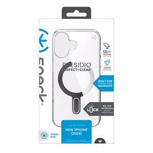 Speck Presidio Perfect-Clear dėklas su MagSafe ir ClickLock, skirtas iPhone 16, „Clear/Chrome“