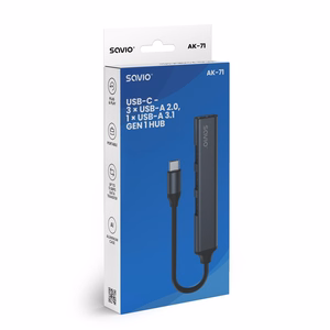 SAVIO AK-71 USB-C šakotuvas - 3 x USB-A 2.0, 1 x USB-A 3.0, 4-in-1, 5 Gbps