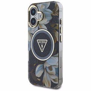 Guess Glitter Flowers Triangle Buttons Magnetinis dėklas telefonui iPhone 16 - juodas