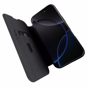 Puro Book Mag Magnetinis odinis dėklas su atvartu ir kortelių skyriumi telefonui iPhone 16 Pro - juodas