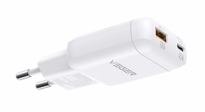 Telefono įkroviklis USB A + Type C PD 45 W + duomenų perdavimo kabelis Type C į C 100 W VEGER TR121, baltas