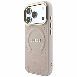 Guess Saffiano Peony & Ring MagSafe dėklas, skirtas iPhone 17 Pro / 18 Pro, rožinis