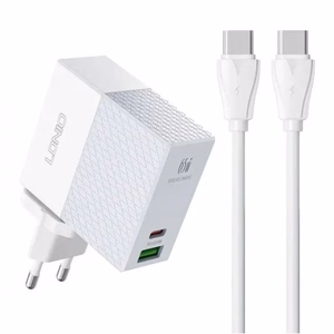 Įkroviklis LDnio A2620C baltas 65W (PD / QC3.0) + Type-C / Type-C 100cm laidas
