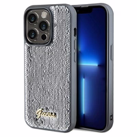 Guess Sequin Script Metal dėklas telefonui iPhone 14 Pro - sidabrinis