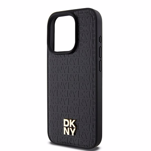 DKNY Odinis monogramos rašto metalinis logotipas Magnetinis dėklas iPhone 15 Pro - juoda