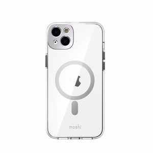 Moshi iGlaze dėklas, skirtas iPhone 14 Plus, suderinamas su MagSafe, skaidrus su „Luna Silver“ spalvos detalėmis