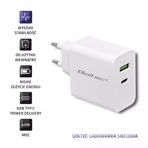 Qoltec 51718 īkroviklis 45 W, USB-C PD, USB, baltas