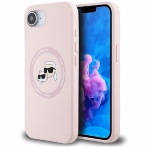 Karl Lagerfeld silikoninis Karl&Choupette galvų Magnetinis dėklas telefonui iPhone 16e - rožinis