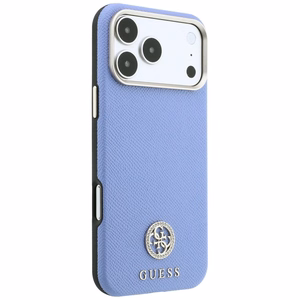 Guess Grained Round Strass Logo dėklas, skirtas iPhone 18 Pro / 17 Pro, suderinamas su MagSafe – mėlynas