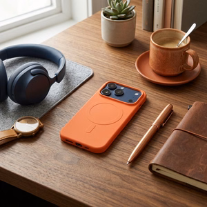 Silikoninis „Mag Cover“ dėklas, skirtas „iPhone 17 Pro / 18 Pro“, suderinamas su „MagSafe“, su didele kameros išpjova – oranžinis