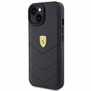 Ferrari dygsniuotas metalo logotipa dėklas iPhone 15 – juodas