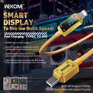 WEKOME WDC-08 Vanguard Series USB-C–Lightning įkrovimo ir duomenų laidas, 1 m, PD 20 W, aukso spalvos