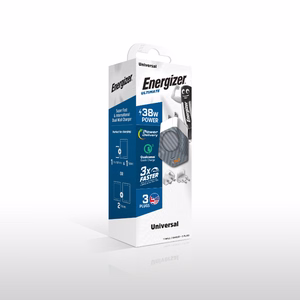 Energizer Ultimate A38QMU GaN kelioninis tinklo įkroviklis su EU / UK / US kištukais, USB-C + USB-A, 38 W PD + QC 3,0, sidabro spalvos