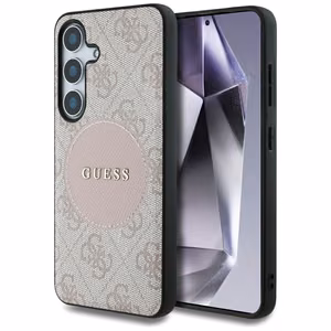 Dėklas telefonui Guess 4G Round Patch Classic Logo MagSafe Samsung Galaxy S25 Plus rožinis