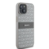 DKNY Odinis mono juosta ir metalinis logotipas dėklas telefonui iPhone 15 / 14 / 13 - smėlio