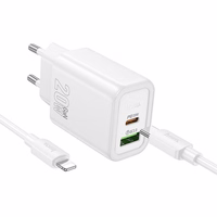 Įkroviklis Hoco USB-A + USB-C QC3.0 PD 3A 20W + kabelis USB-C į Lightning N61 baltas