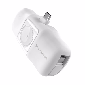 Wozinsky WF16-YCS 5000mAh 15W USB-C mini išorinė baterija su įmontuotu USB-C kabeliu ir Apple Watch įkrovikliu - balta
