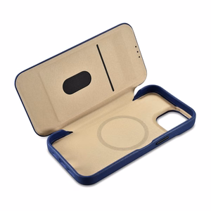 iCarer CE Premium odinis folio dėklas iPhone 14 Plus magnetinis atverčiamas odinis folio dėklas MagSafe mėlyna