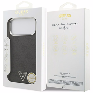 Guess 4G Triangle Logo MagSafe dėklas, skirtas iPhone 17 Pro Max / 18 Pro Max – juodas ir sidabro spalvos