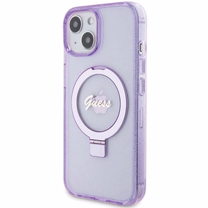 Guess dėklas telefonui su stovu Ring Stand Script Glitter magnetinis iPhone 15 Plus / 14 Plus - violetinis