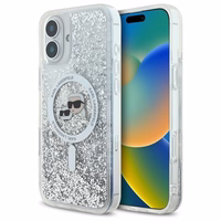 Karl Lagerfeld Liquid Glitter Karl & Choupette Head Magnetinis iPhone 16 Plus dėklas - skaidrus