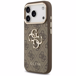 Guess PU Leather 4G Metal Logo Gold Frame dėklas Apple iPhone 18 Pro Max, rudas
