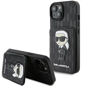 Karl Lagerfeld Saffiano Cardslots and Stand Monogram Ikonik Patch Dėklas telefonui iPhone 15 - juodas