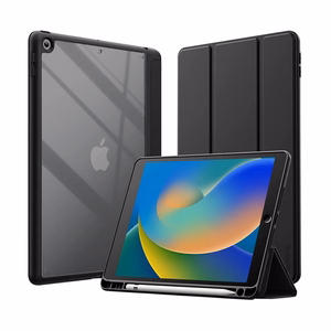 Crong PrimeFolio atverčiamas dėklas, skirtas iPad 10.2" (2019–2021), su atrama ir Apple Pencil laikikliu, juodas ir skaidrus