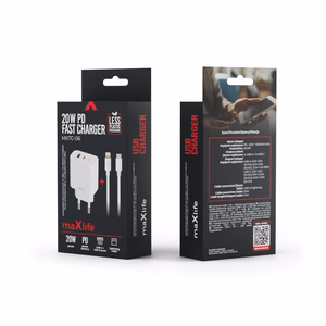 "Maxlife MXTC-06-20AC PD QC įkroviklis 1x USB-C 1x USB 20W baltas + USB-C - Lightning kabelis 20W