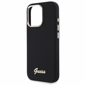 "Guess" silikoninis korpusas su metaliniu logotipu ir rėmeliu, skirtas "iPhone 16 Pro" - juodas