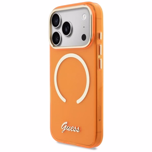 Guess IML Script Metal MagSafe Dėklas for iPhone 17 Pro - oranžinis