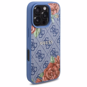Guess 4G Flowers Print MagSafe dėklas telefonui iPhone 16 Pro Max - mėlynas