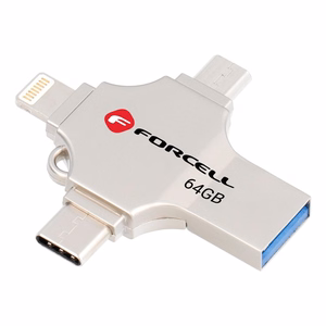 FORCELL F-DATA USB atmintukas Metal Quad 64GB USB3.2 Gen 1 (USB A / Type C / Lightning / Micro USB) sidabrinis